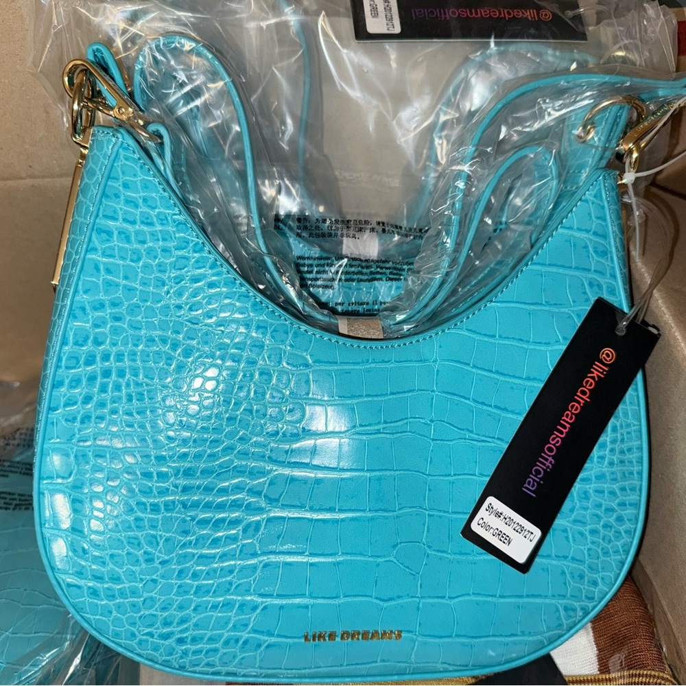 Turquoise Croc-Embossed Shoulder Bag